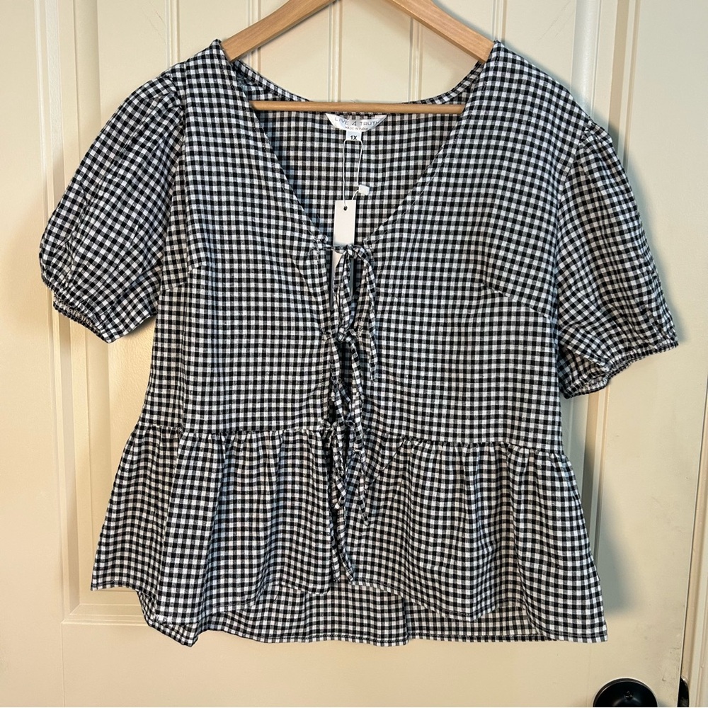 Live 4 Truth Gingham Tie-Front Peplum Top - Black & White, SummerSpring Size 1X
